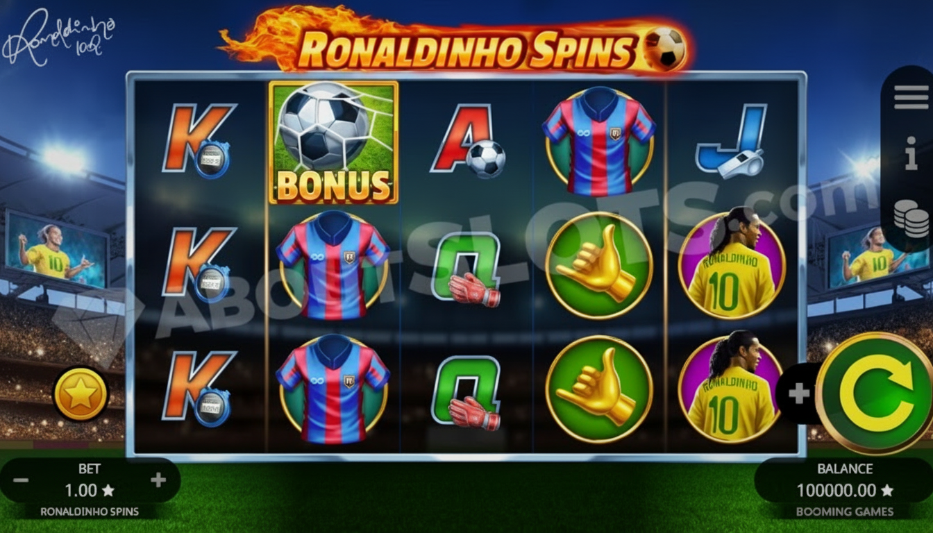 Ronaldinho Spins Gameplay - Rolos 5x3 com expanding wilds e multiplicador ativo